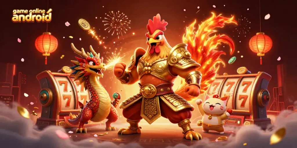 Experience dynamic gaming with game online android featuring a fighting rooster, dragon, and casino symbols.