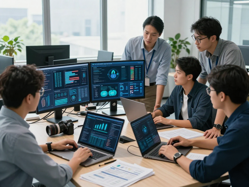 IT-Sicherheitsdienstleister in modernem Büro mit Experten im Austausch über Sicherheitsstrategien.