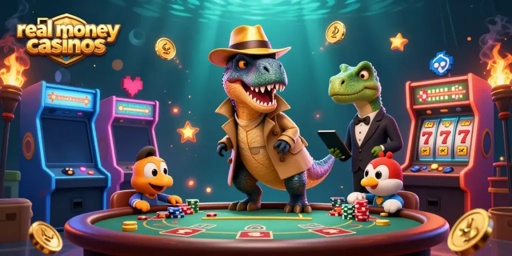 A velociraptor card counter at a blackjack table, showcasing real money casinos with vibrant casino elements.