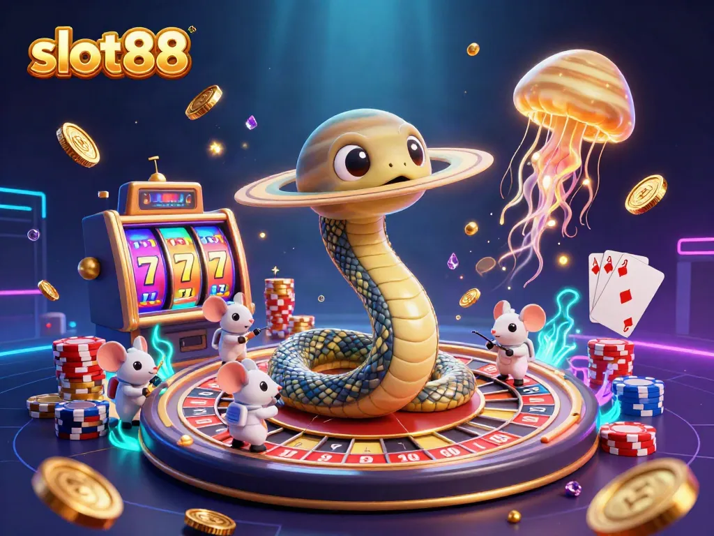 Slot88 meraih kemenangan besar di permainan slot dengan simbol berkilau dan chip poker berwarna-warni.
