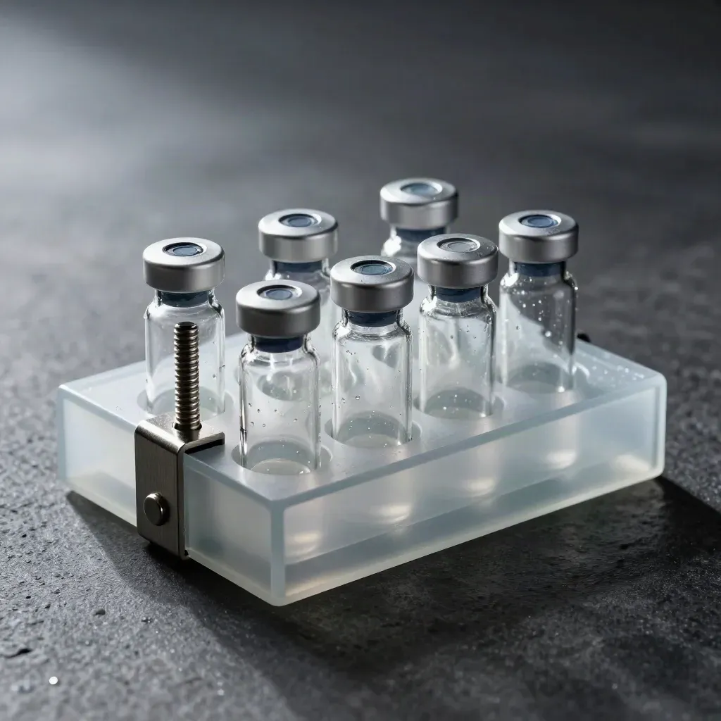 Sealed lab vials, clamp, and frosted tray on stone, lit in a cold macro still life.