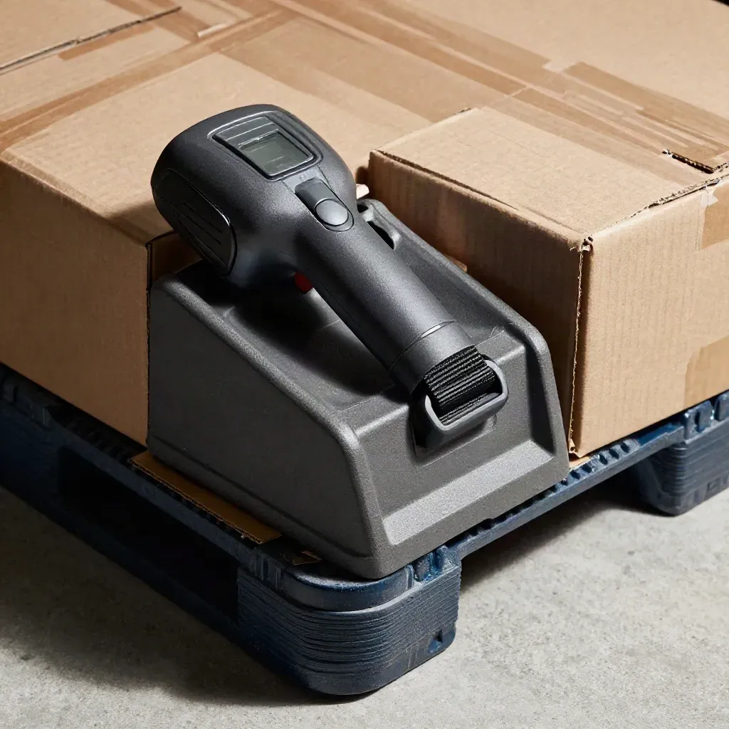 Parcel stack with scanner cradle, strap buckle and pallet guards on pale concrete.
