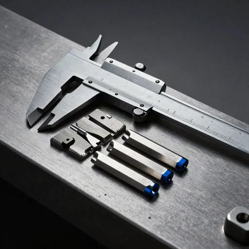 Machinist tools and metal spacers on brushed steel, lit dramatically.