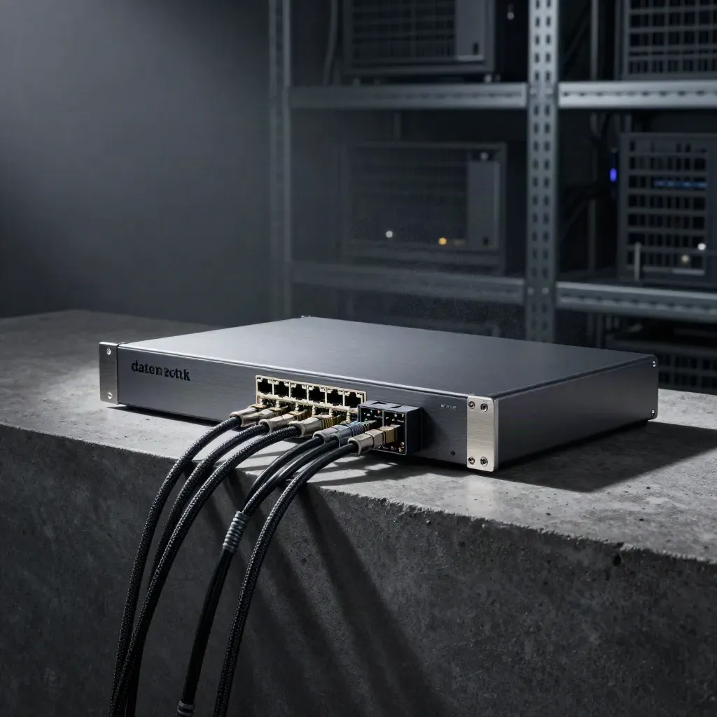 Edge gateway with braided cables and relay block on a concrete plinth in soft dawn light.
