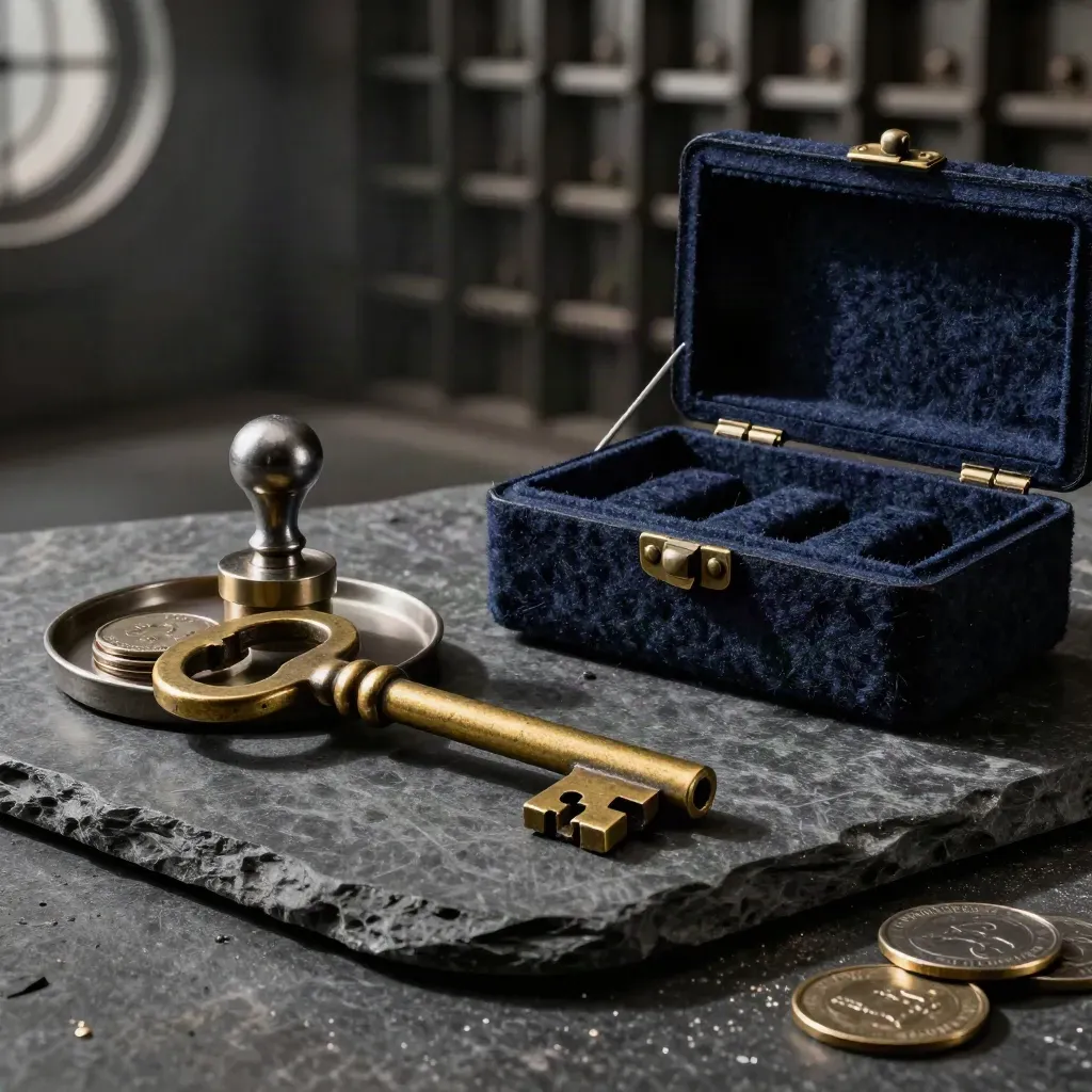 Brass vault key, coin tray, seal stamp, and felt case on dark stone under soft light.