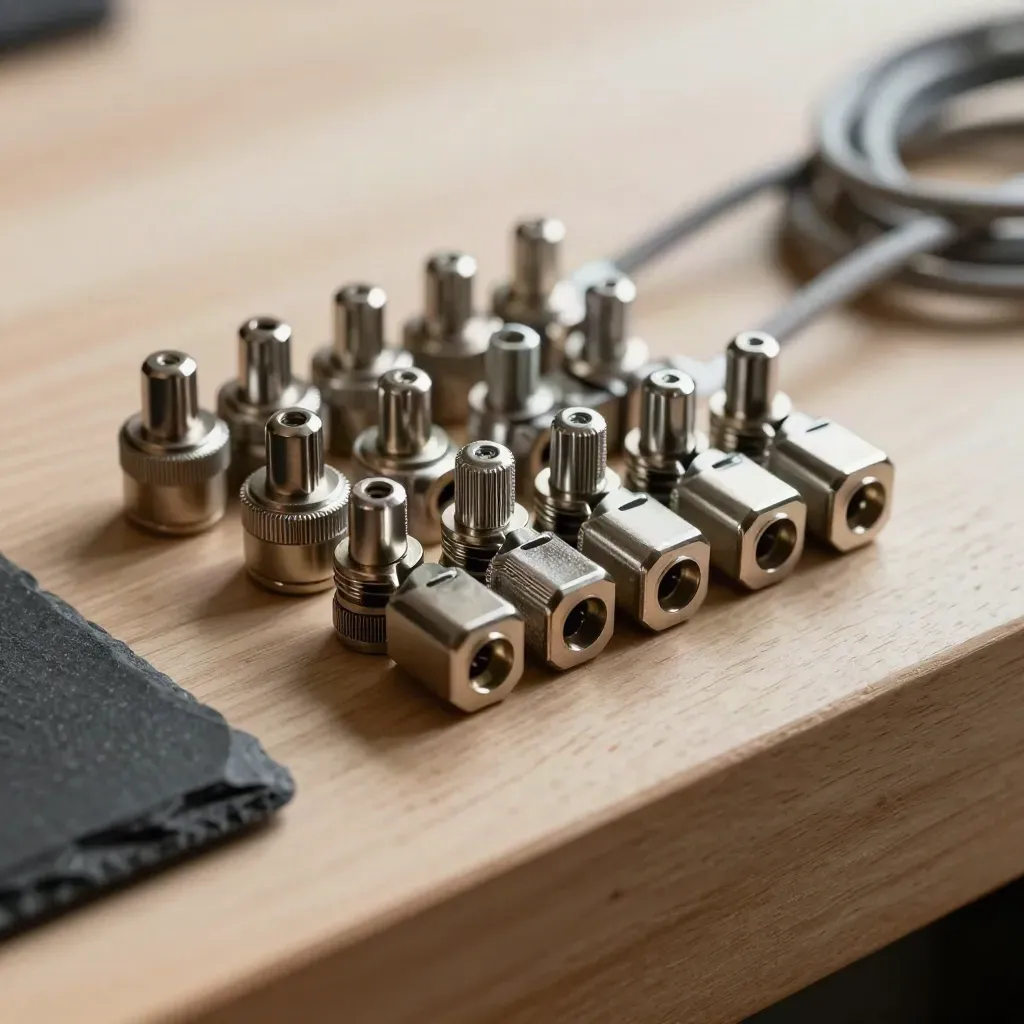 Rack-mount hardware, cable ferrules, and couplers arranged on pale ash wood.