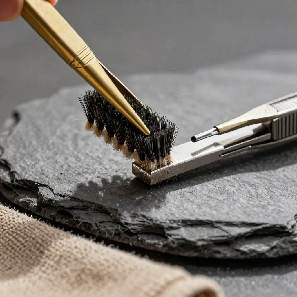 Macro still life of cleaning tools on slate stone with a brush, tweezers, cloth edge and nozzle.