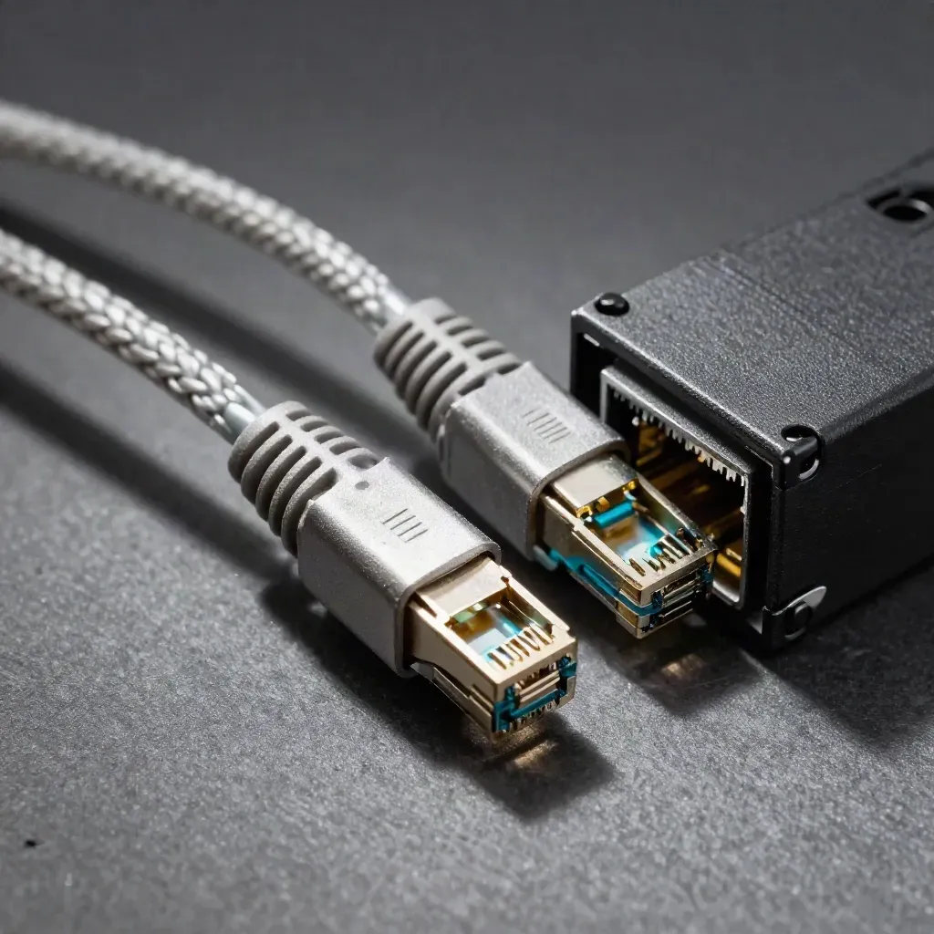RJ45 couplers and braided ethernet leads connecting to a DIN-rail interface block on graphite