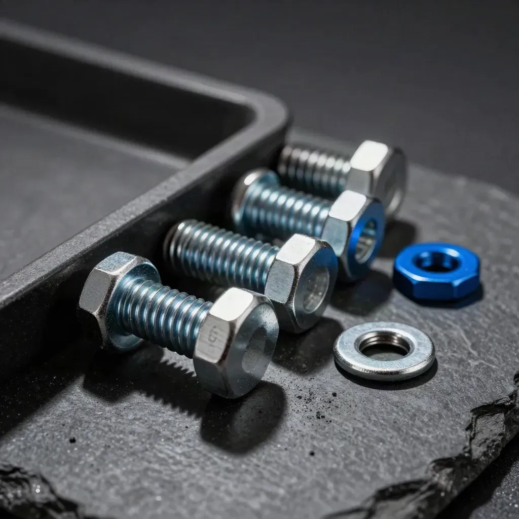 Fasteners and a bracket on charcoal stone with a blue accent in dramatic light