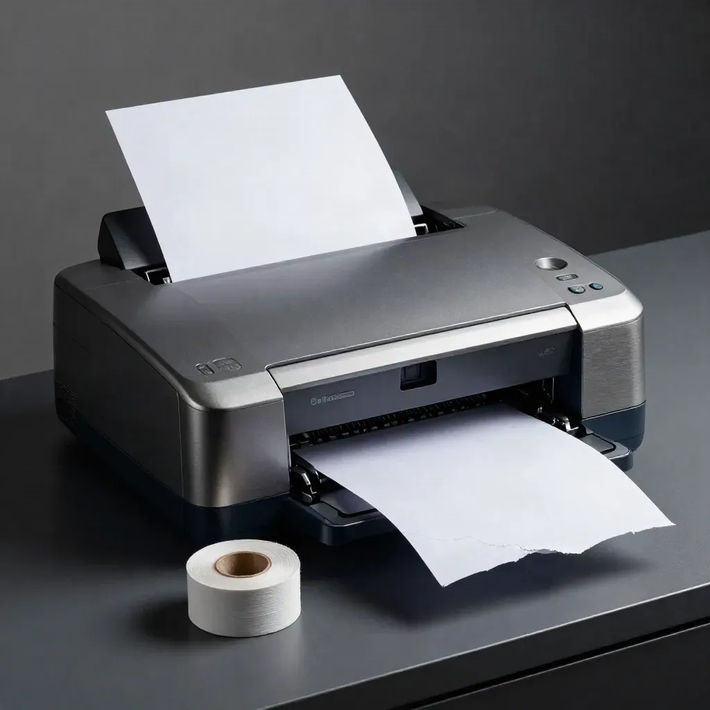 Receipt printer mid-print with a blank paper curl on a dark graphite surface.