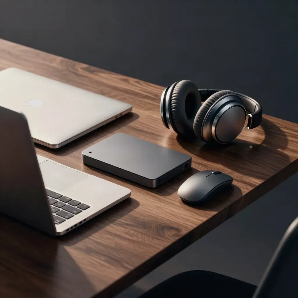 Closed laptop, SSD, mouse, and headphones on a walnut desk edge in dramatic morning light.