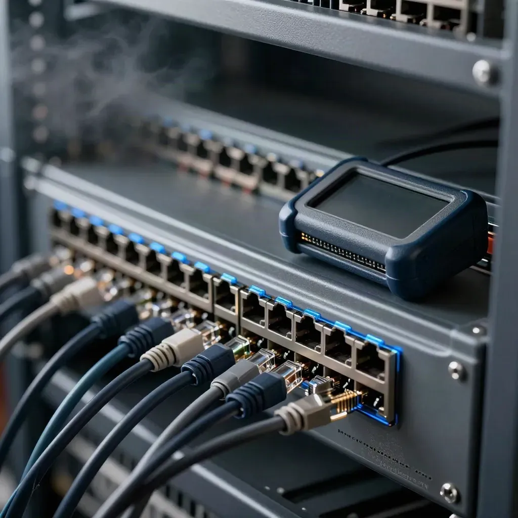 Macro rack hardware with SFP modules, patch panel and cable tester on dark metal, blue reflections