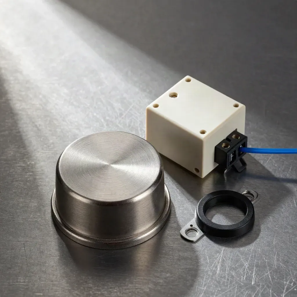 Top-down still life of a buzzer dome, relay module, grommet and plate on brushed steel.