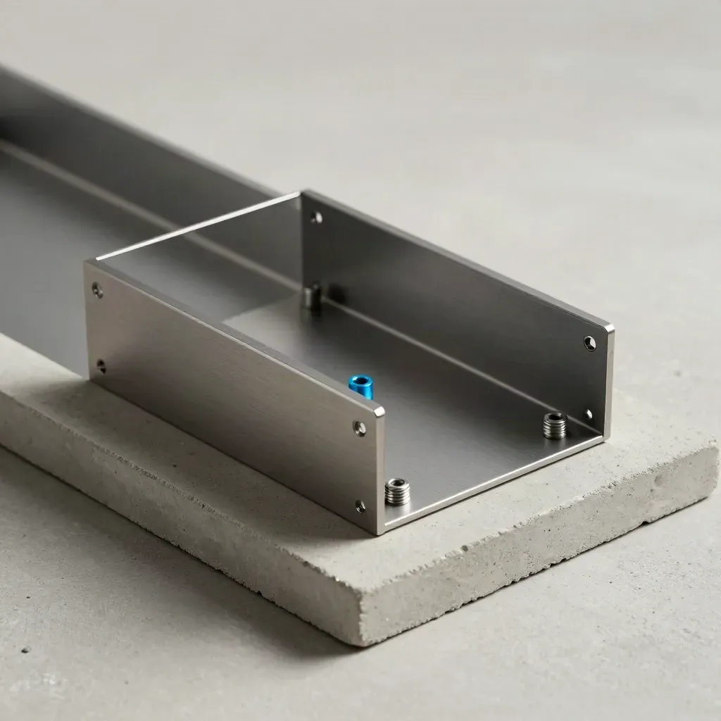 Modular rack enclosure parts aligned on pale concrete, premium macro product still life.