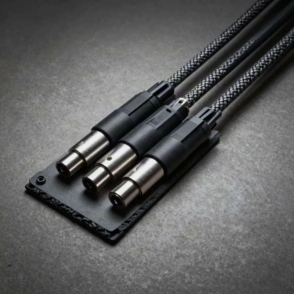Top-down macro of cable-management blocks, braided leads, magnetic adapters, and routing clips on dark slate.