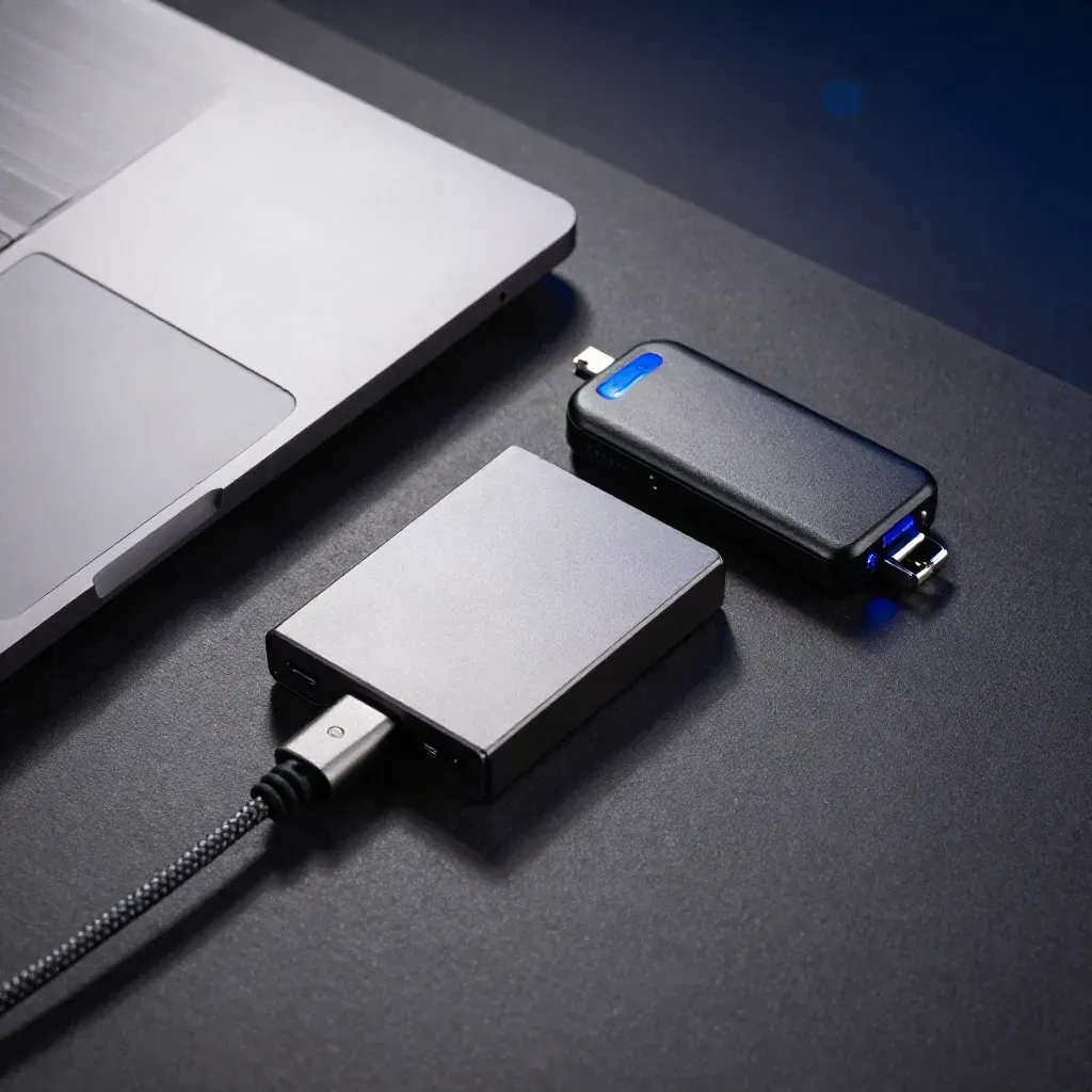 Closed laptop, braided cable, SSD and key fob on charcoal surface, top-down macro still life.