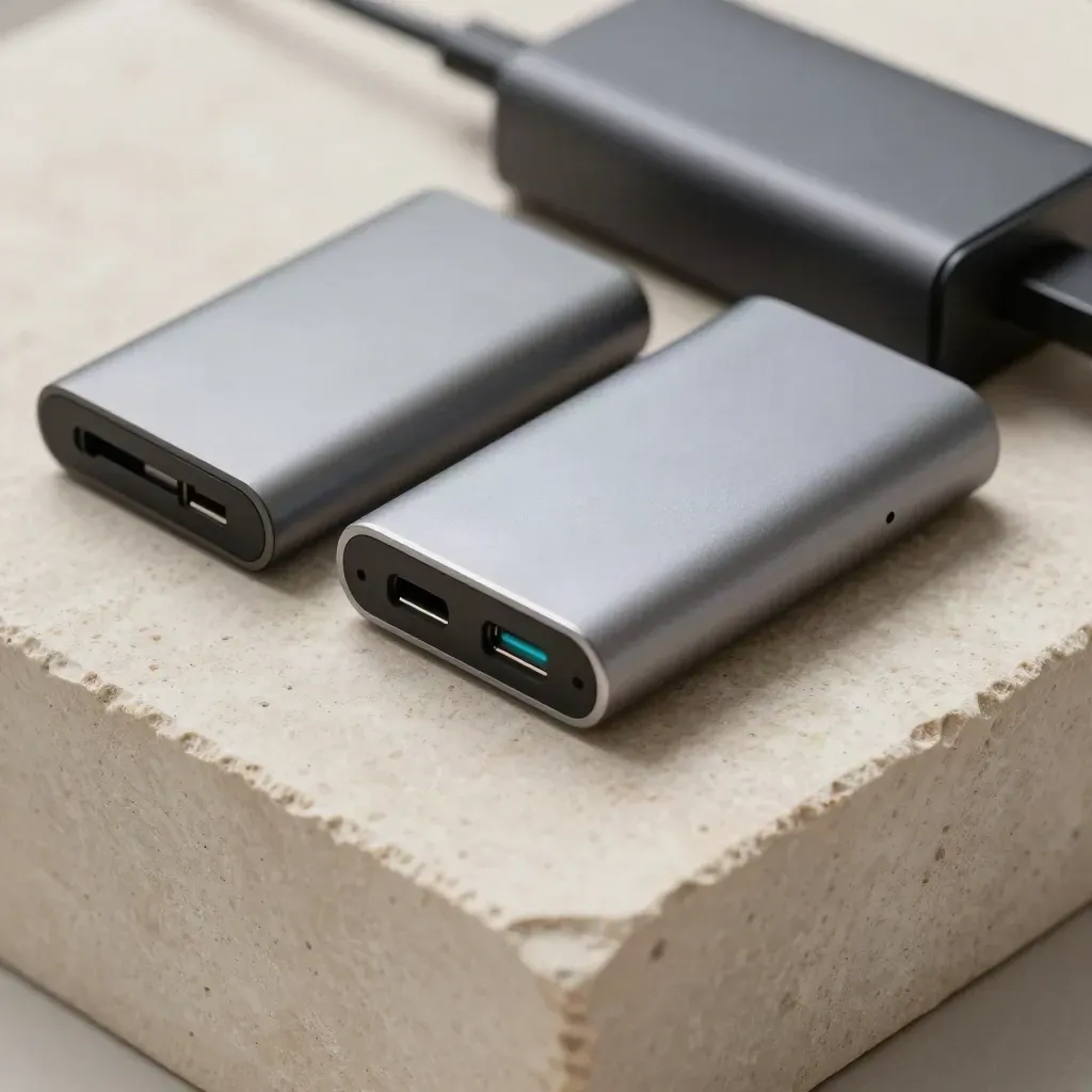 Top-down macro of a dock, USB-C hub, power brick and aluminum drive on pale stone.