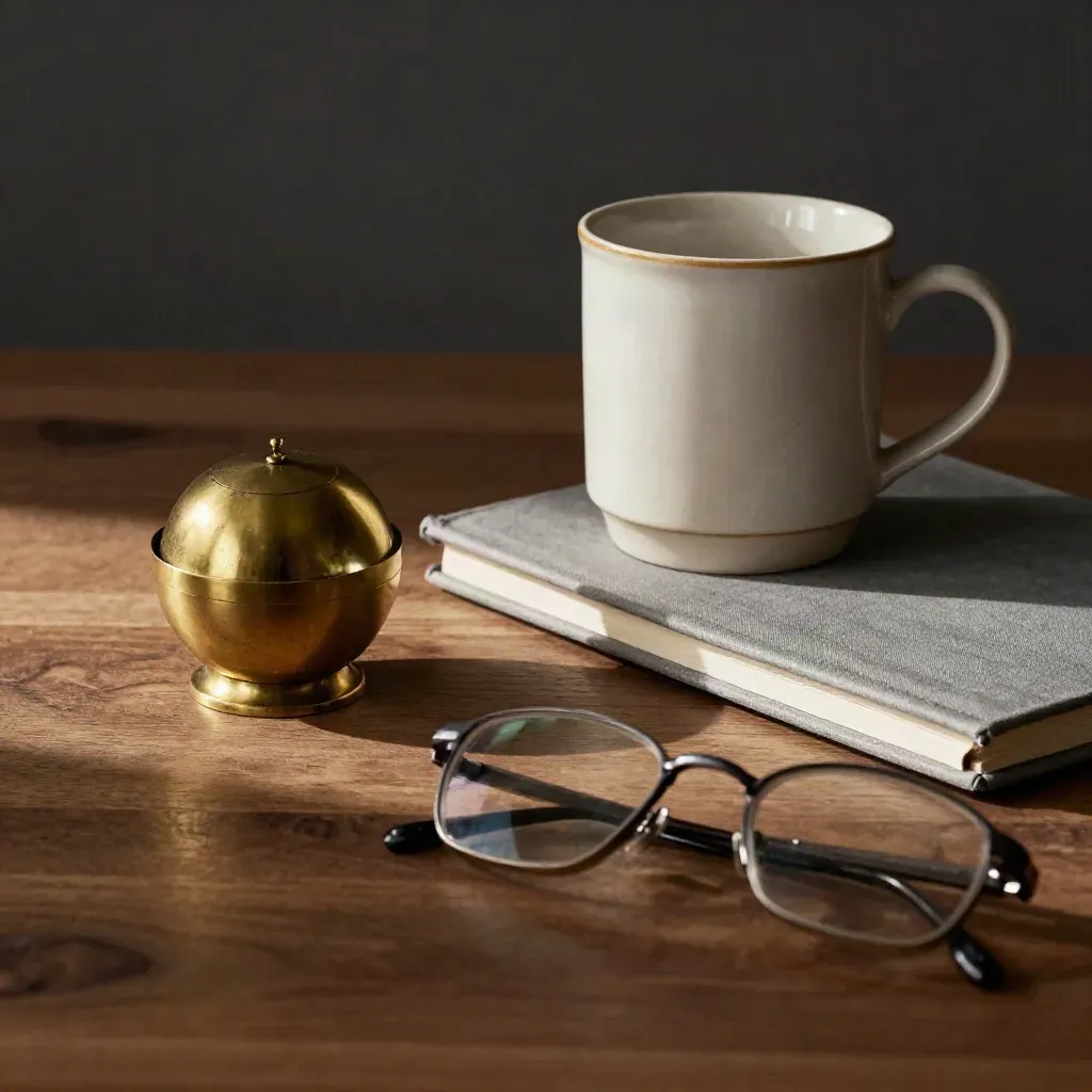 Brass paperweight, mug, notebook and glasses on walnut with dramatic light