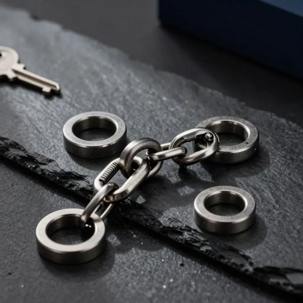 Interlocking metal rings and a cable clip on black stone, lit dramatically in dark haze.