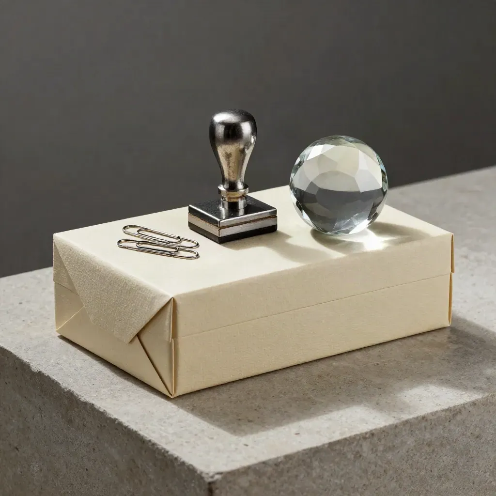 Archive box, seal stamp, paper clips and glass paperweight on pale stone in moody studio light.
