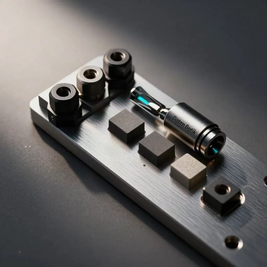 Macro flatlay of machined connector parts on brushed aluminum with a faint cyan reflection.