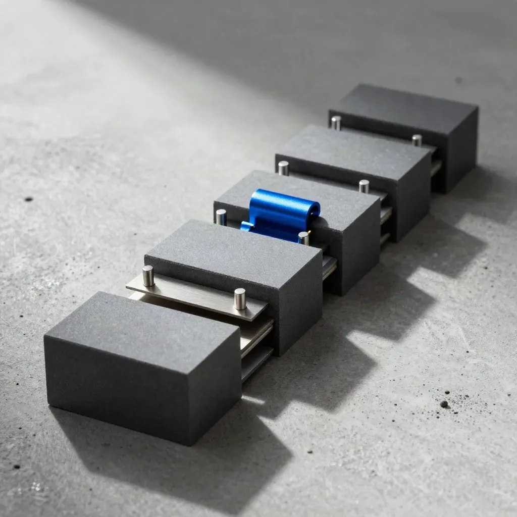 Modular metal blocks, pins and clips aligned diagonally on pale concrete under raking light.