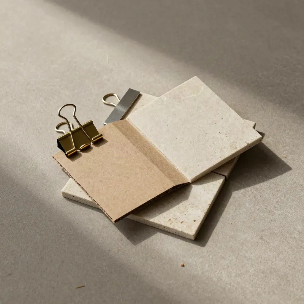 Flat lay of folded paperboard pieces, binder clips, aluminum tabs and a stone tile.