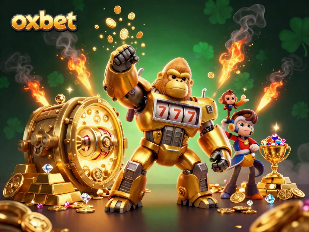 Experience thrilling gameplay with the golden gorilla mech at OXBET amidst a treasure-filled backdrop.
