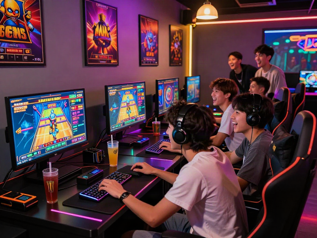 Exciting gaming lounge atmosphere featuring friends engaged in a situs slot game, surrounded by gaming devices and vibrant neon lights.