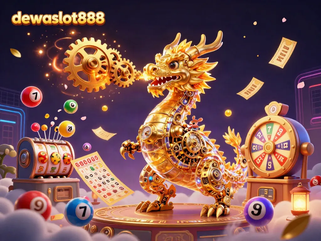 Gambarkan keseruan bermain di dewataslot888 dengan karakter naga emas dan bola lotere.