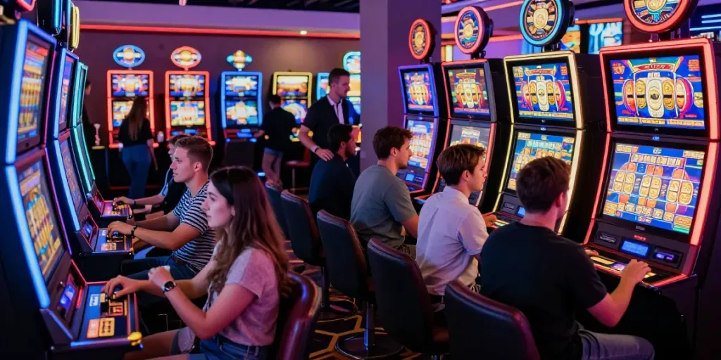 Slot777 kasino dengan pemain menikmati permainan mesin slot yang penuh warna dan suasana ramai.