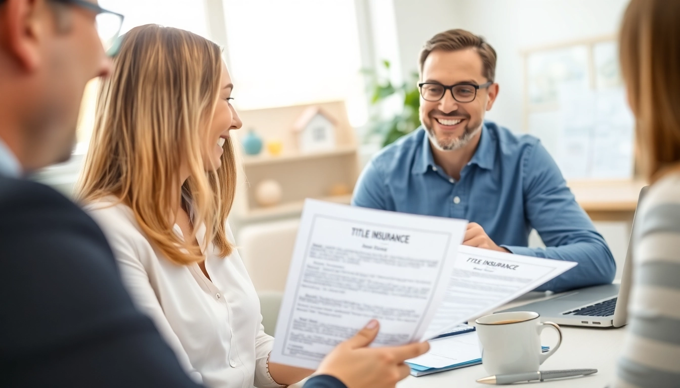 Engaging real estate agent discussing Title Insurance Services with clients in a bright office.