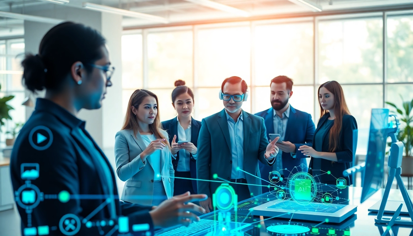 AI agents collaborating in a modern workspace, showcasing advanced technology and teamwork.