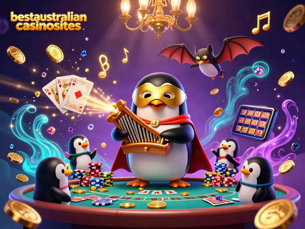 Betsaustraliancasinosites features a lively baccarat scene with a cartoon penguin, golden coins, and a bat acrobat