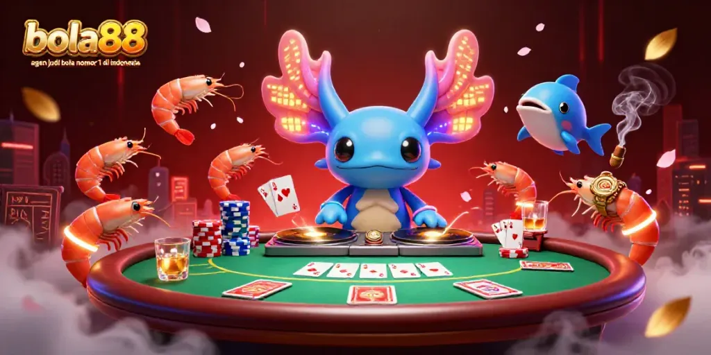 Bola88 agen judi bola nomor 1 di indonesia showcasing a vibrant poker scene with cartoon characters and casino elements.