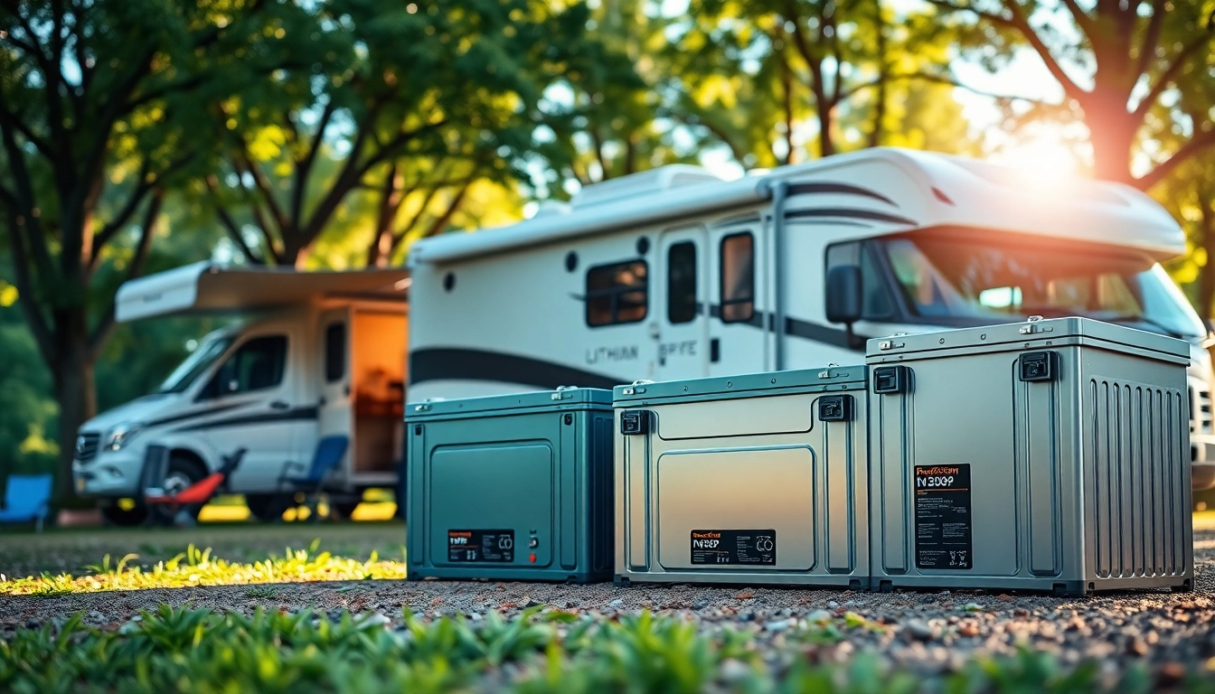 Showcase of lithium RV batteries ready for adventure at a scenic campsite.