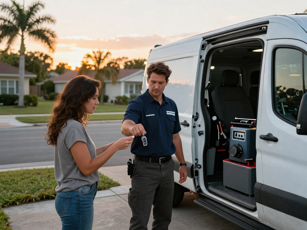 Lost car keys Port St. Lucie scene with a locksmith helping a customer in a driveway.