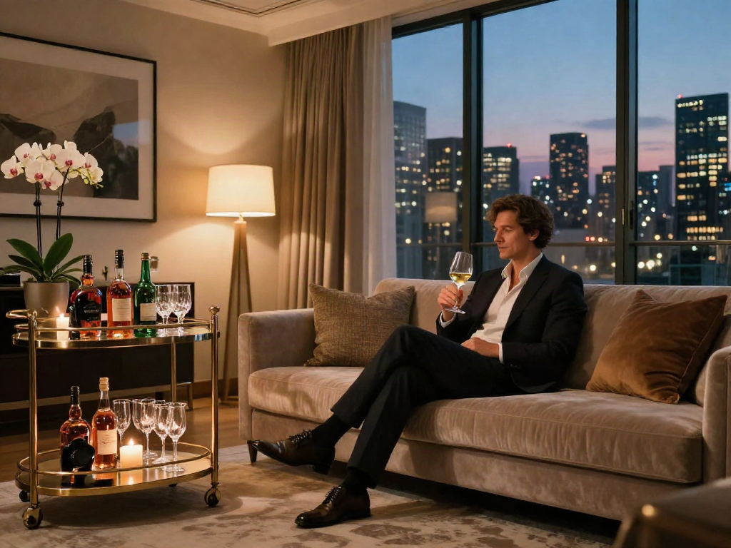 Pengalaman gaya hidup mewah dengan luxury111 di apartemen modern, suasana elegan.