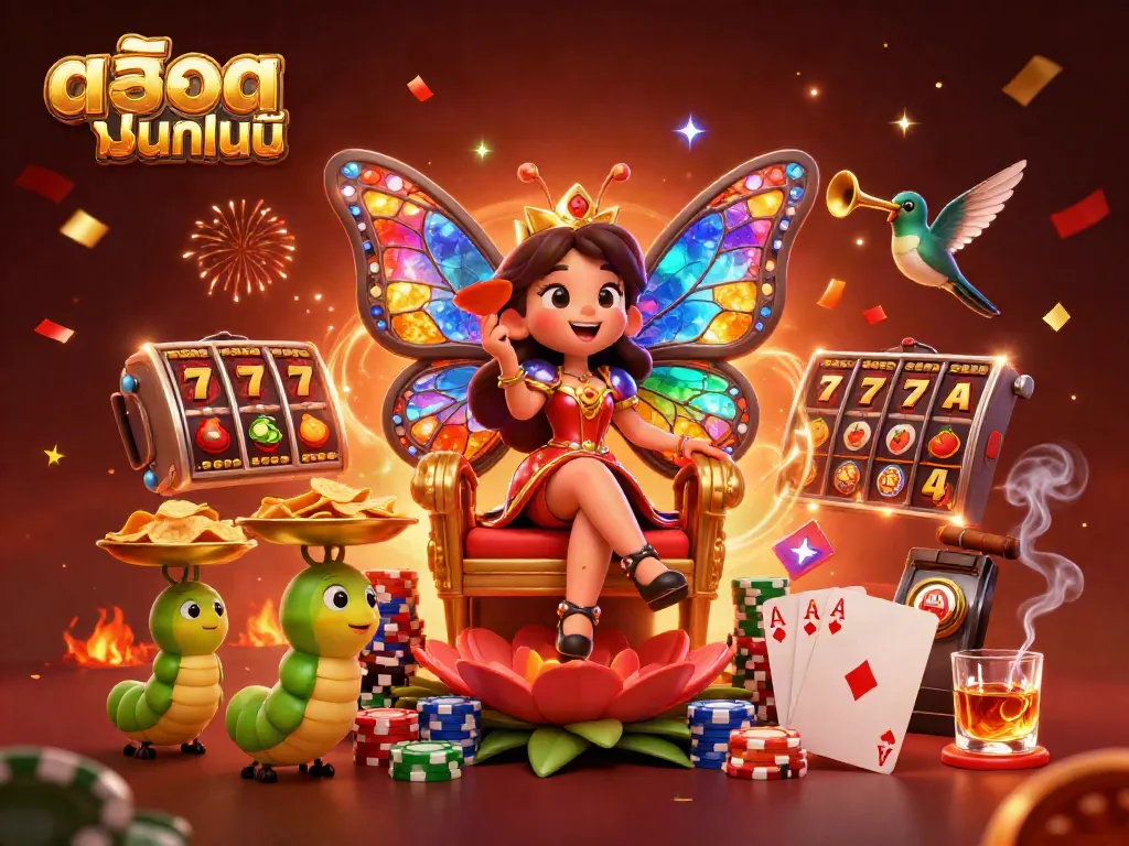 Engaging 3D illustration of the butterfly queen with vibrant slot elements for สล็อตออนไลน์ enthusiasts.