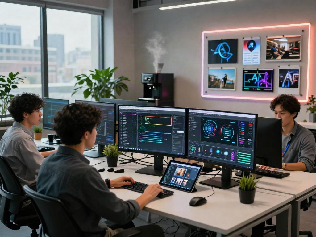 AI-Generated Image Detection software in use at a modern tech office, with analysts reviewing algorithms and data.