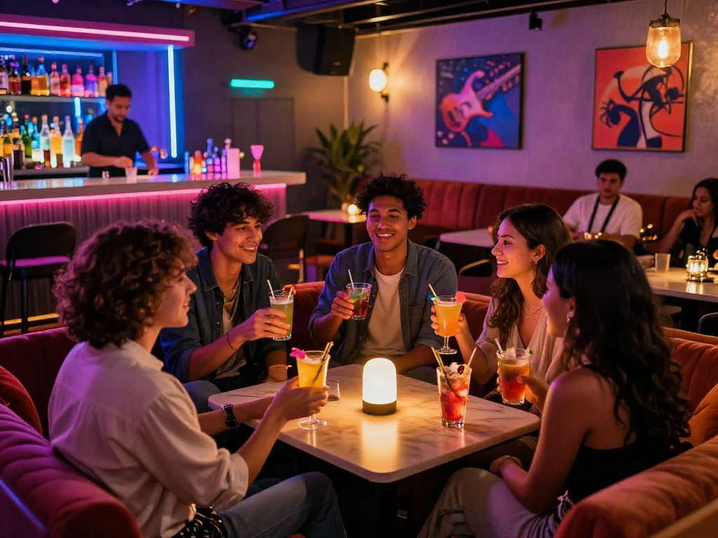Social gathering in an urban nightlife setting at an adult entertainment lounge, showcasing the fun atmosphere and drinks, highlighting hornyleak culture.