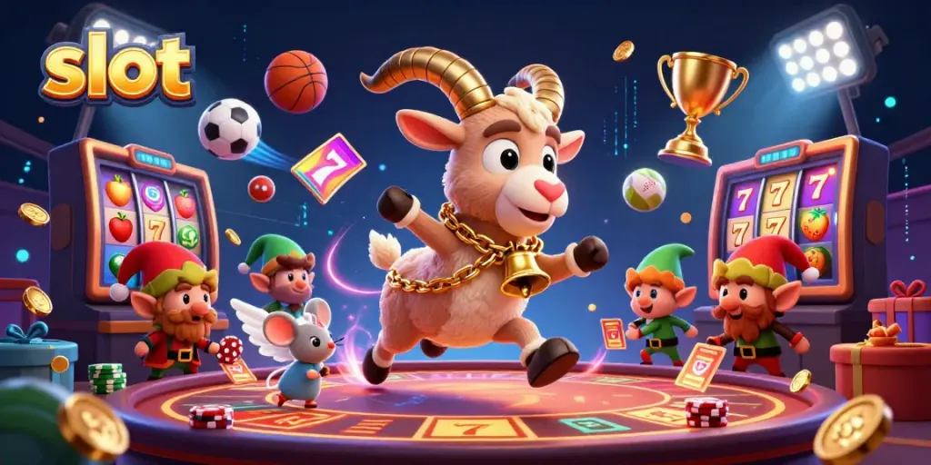 Slot dalam ilustrasi kasino horor dengan karakter unik dan elemen permainan yang dinamis.