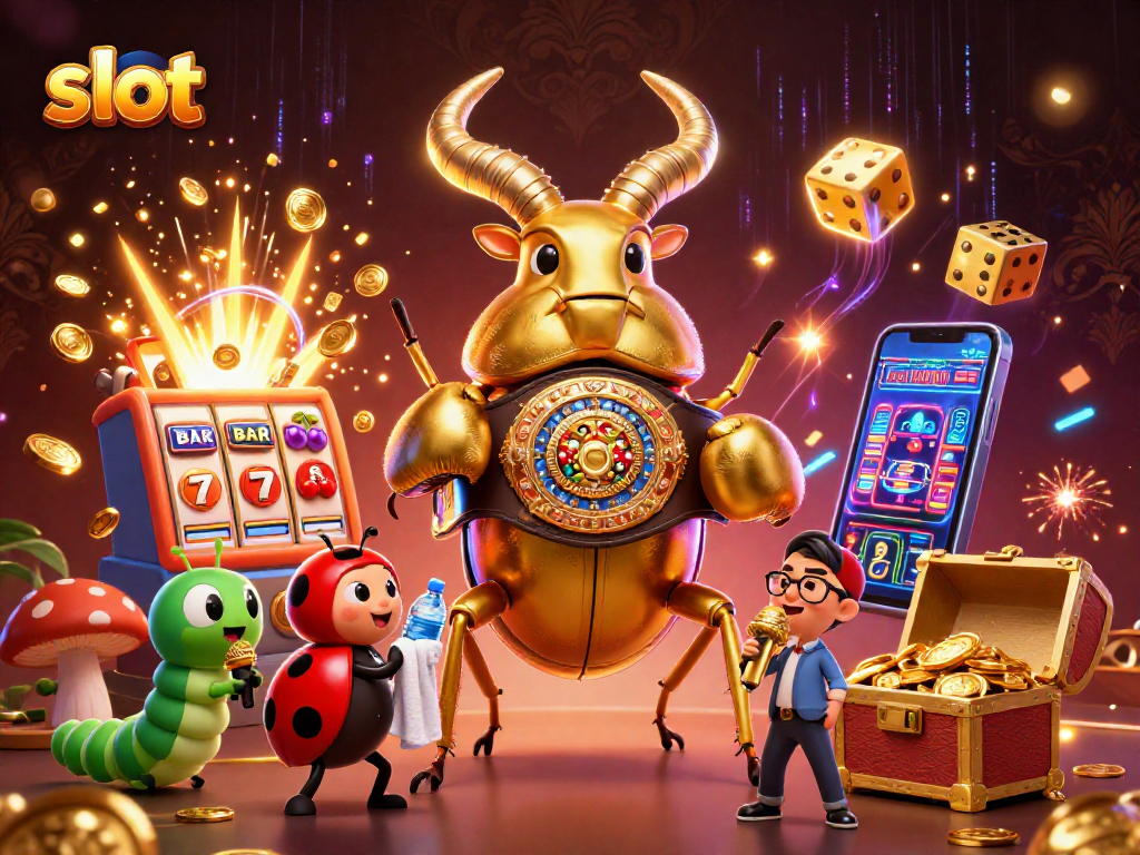 Experience thrilling slot action with a giant stag beetle champion amidst jackpot excitement and vibrant casino elements!