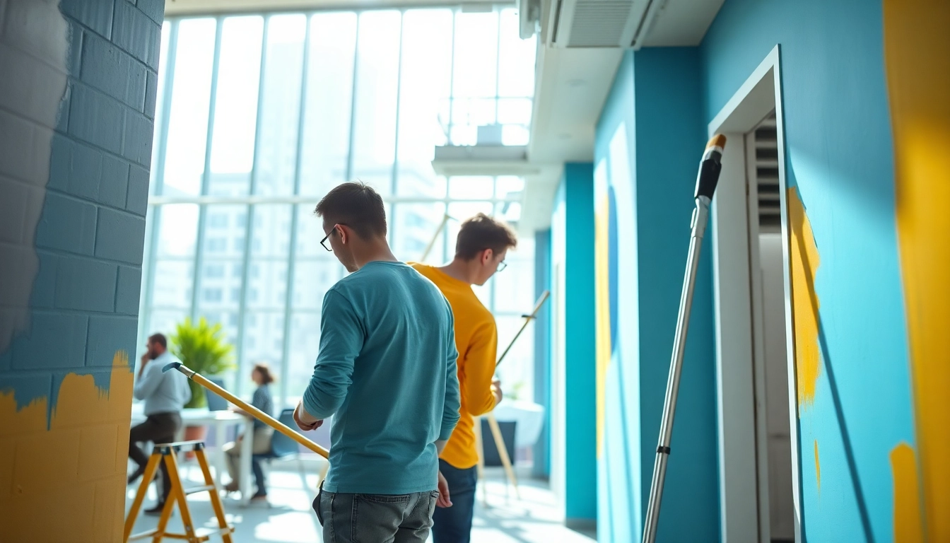 Illustration of commercial painting in action showcasing professional painters enhancing office interiors.