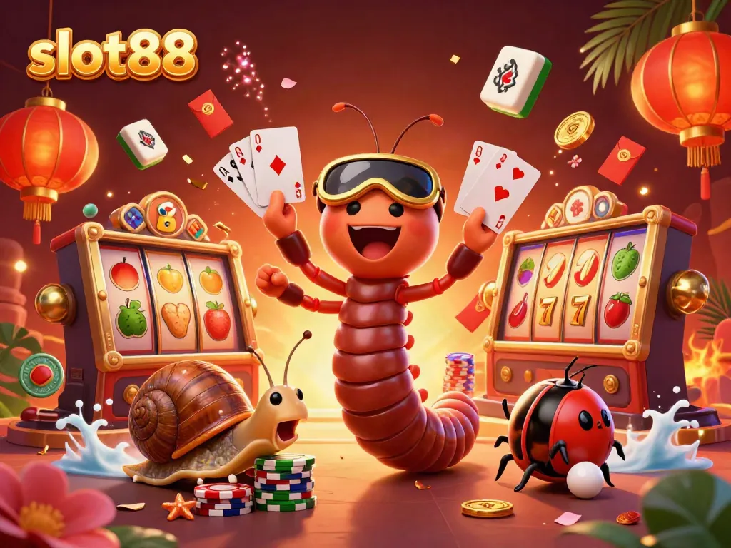 Experience the excitement of slot88 with a vibrant 3D casino scene featuring lively characters and dynamic elements.