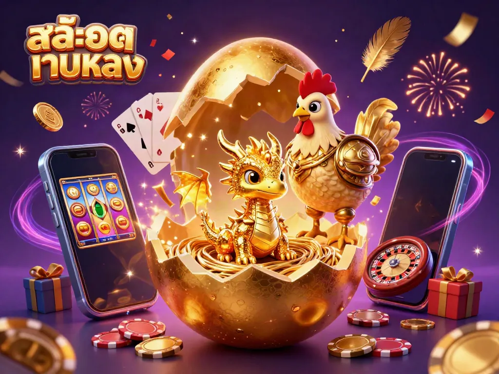 Experience thrilling moments with สล็อตเว็บตรง as a baby dragon emerges from a golden egg amidst casino elements.