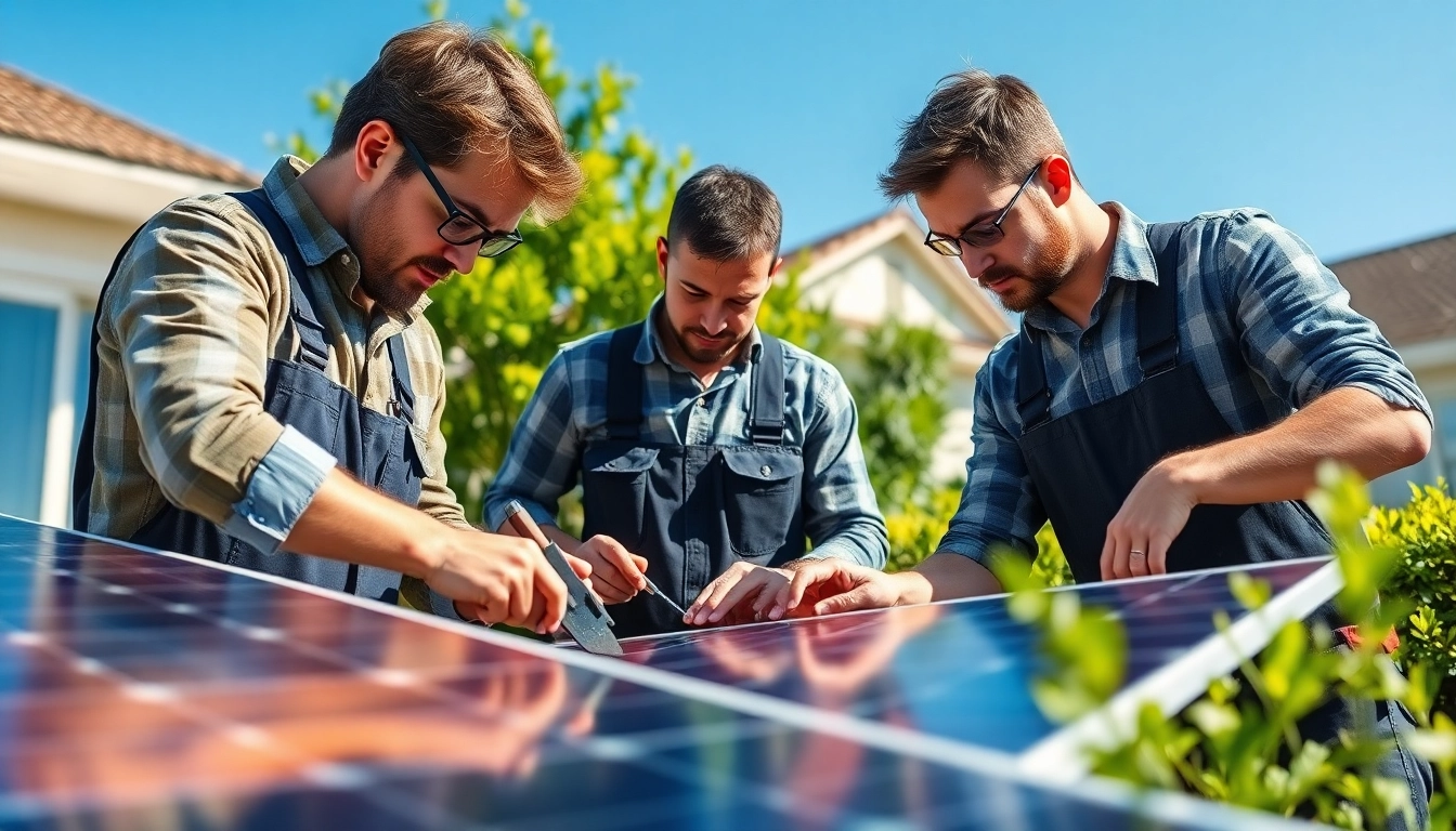 Technicians conduct solar panel repair, showcasing teamwork and expertise in a bright residential setting.