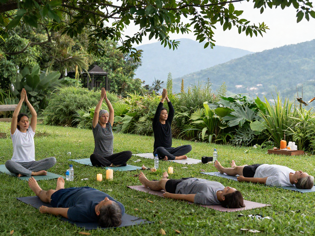 Group practicing mantra88 mindfulness techniques outdoors, lush greenery