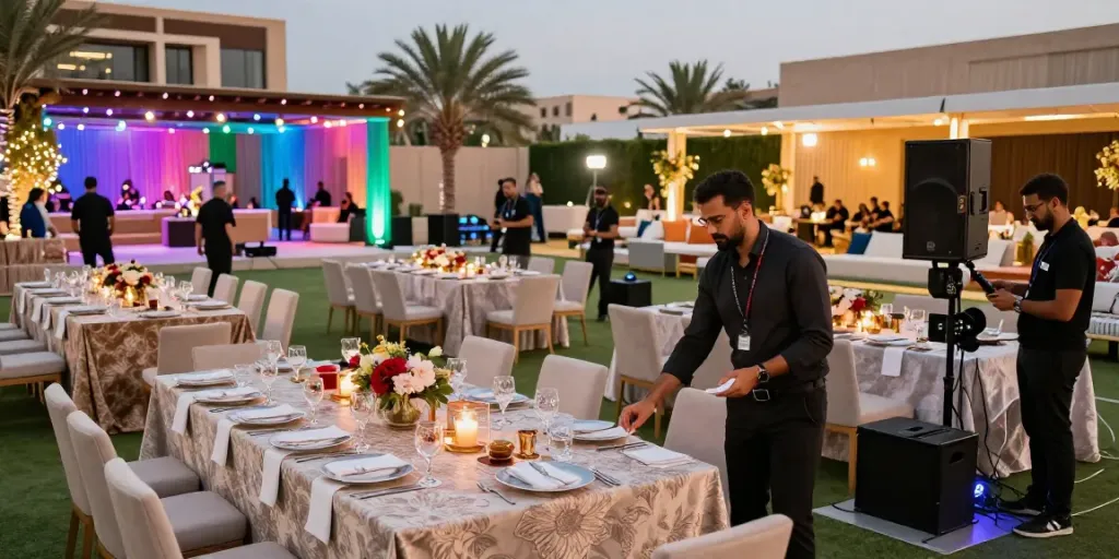 Event rentals setup with elegant tables and AV equipment in Saudi Arabia.