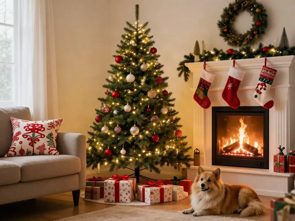 Cozy living room with a skinny Christmas tree beautifully decorated for the holidays.
